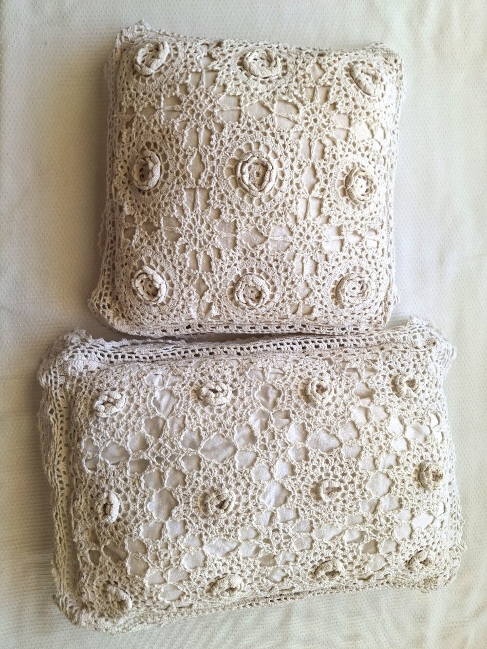 Vintage Keeco Crochet Rosette Pillow Shams Set of 2 Cream Ivory 100% Cotton